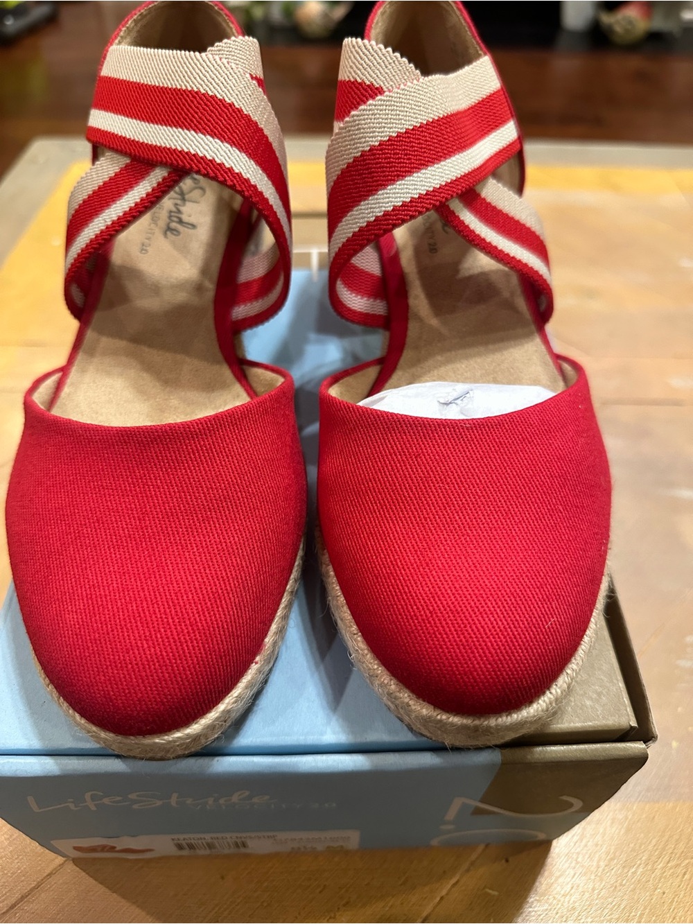 Red espadrille wedges with striped stretch straps